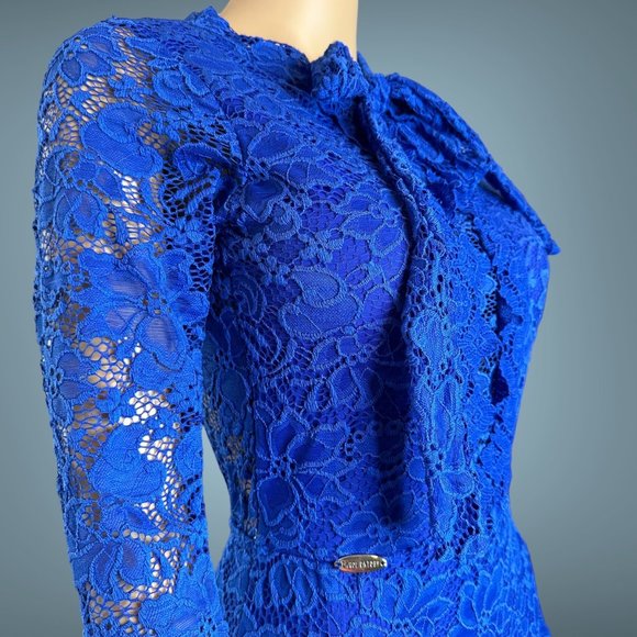 Carol Catugy Full Lace Bodycon Dress Medium Blue Backless Bow High Neck Stretch - Picture 4 of 15